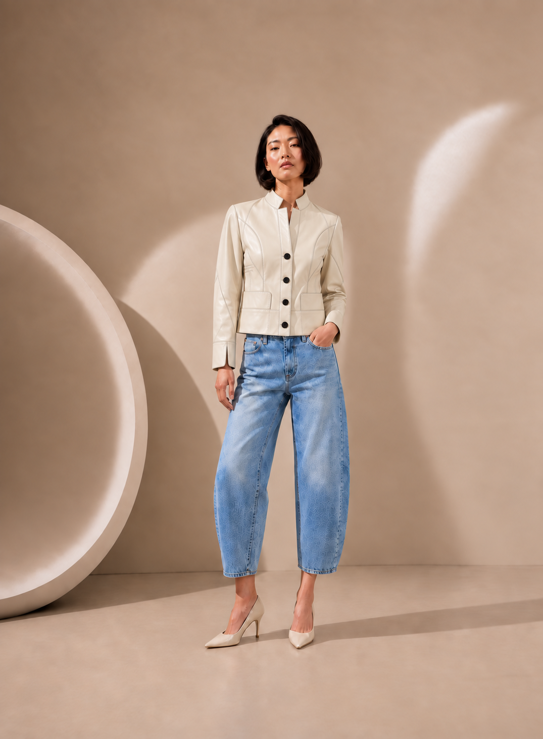 Collared Button Front Lamb Leather Jacket in Cream CREAM / XS