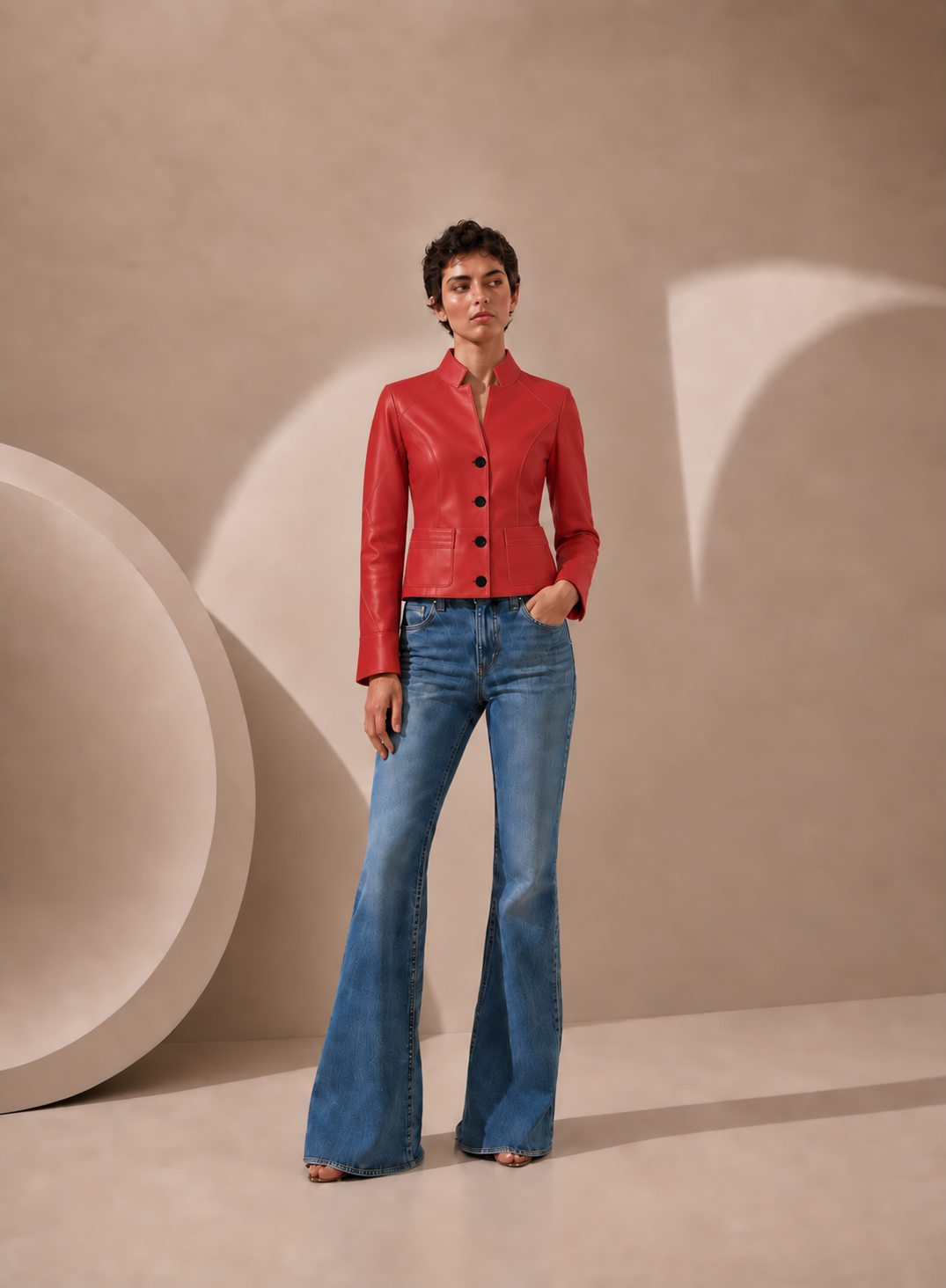 Collared Button Front Lamb Leather Jacket in Poppy Red POPPY RED / XS