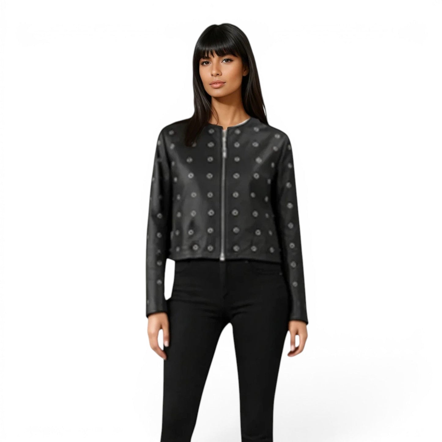 Grommet Trimmed Lamb Leather Jacket