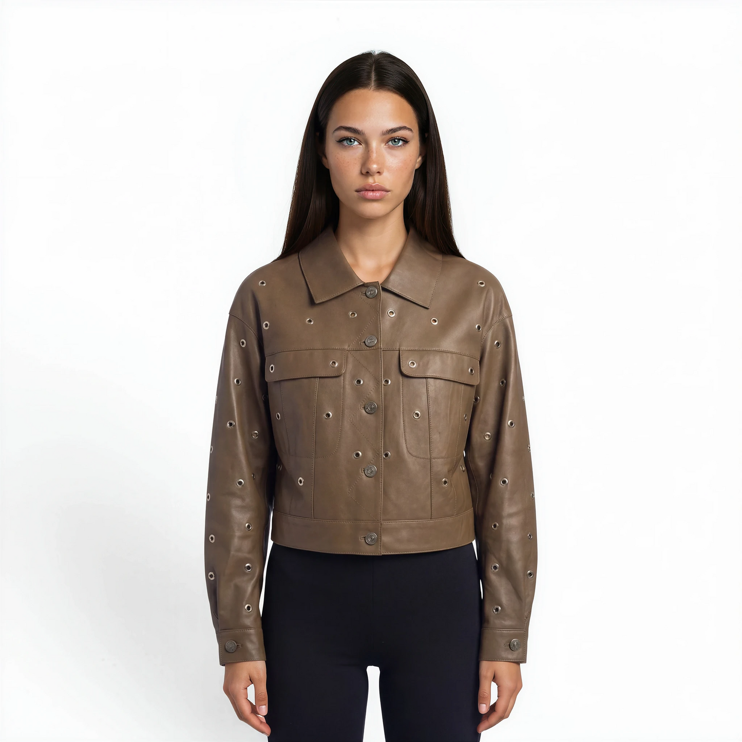 Cropped Grommet Trim Lamb Leather Jacket