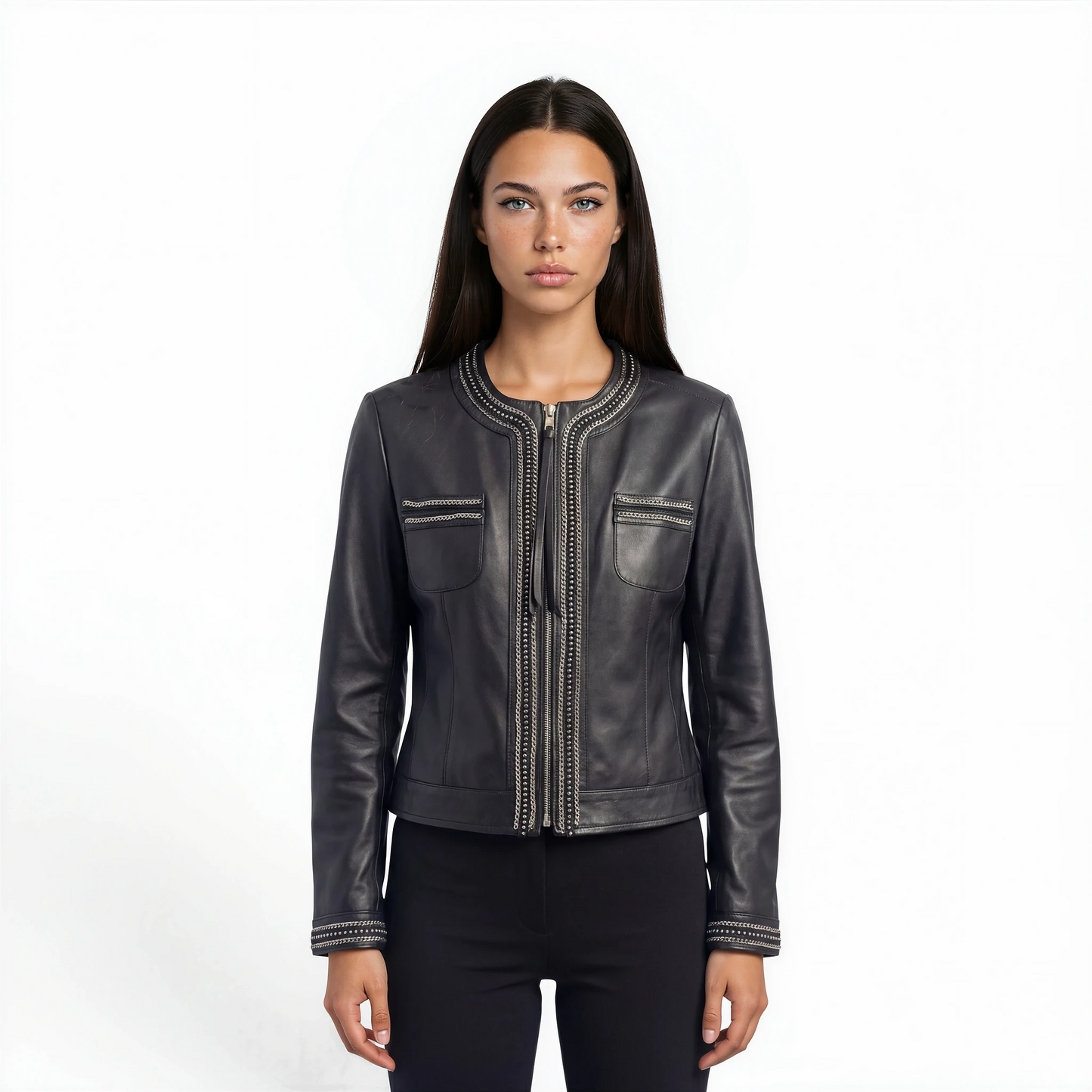 Round Neck Embellished Lamb Leather Jacket