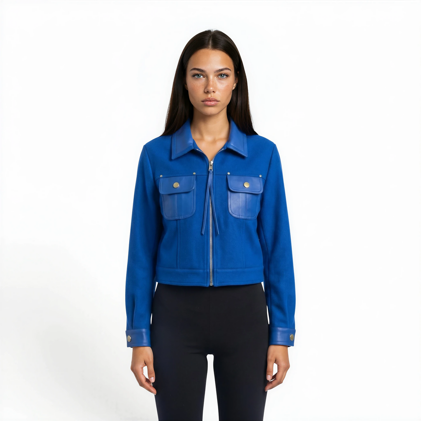 Lamb Leather Trim Knit Jacket