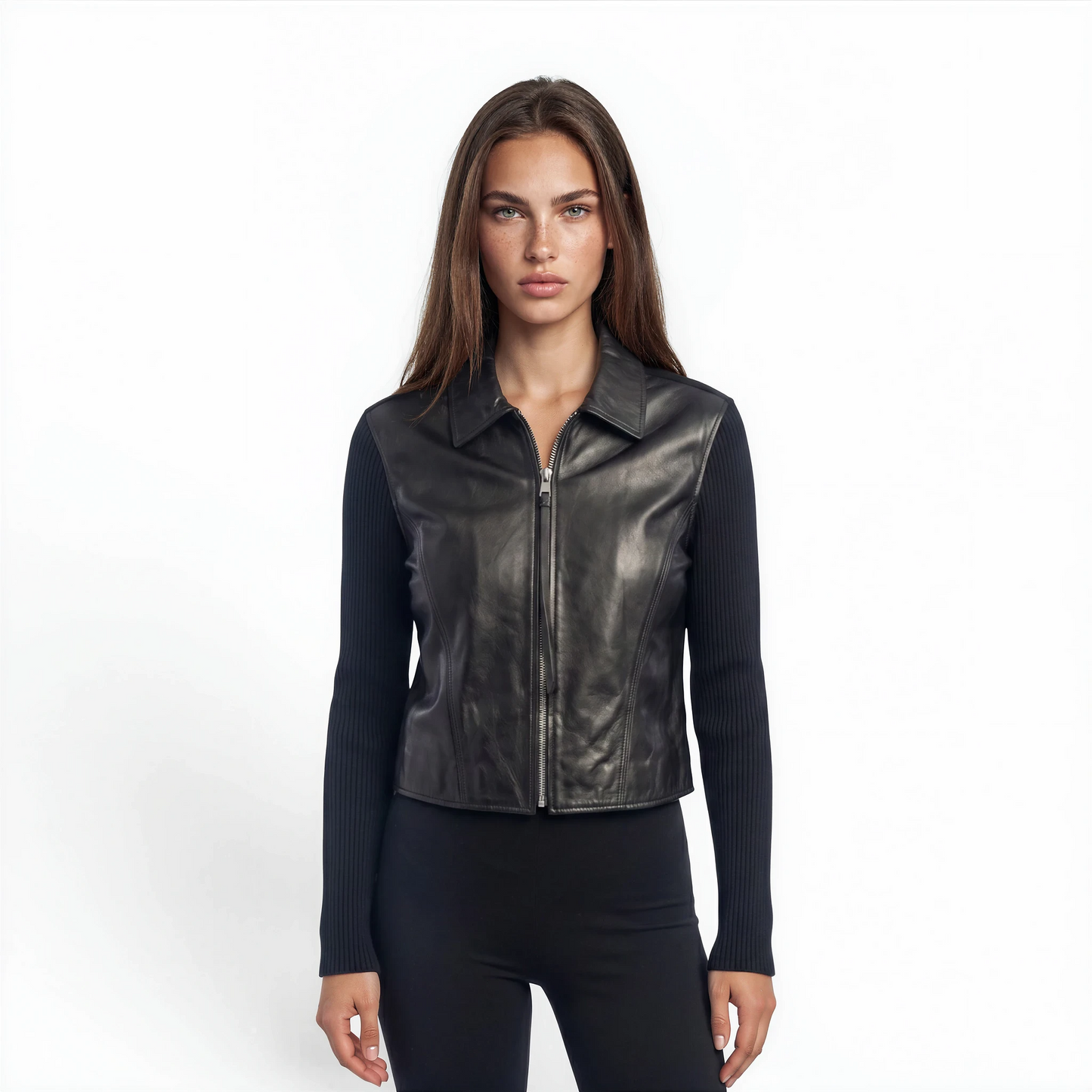 Lamb Leather Trim Knit Jacket