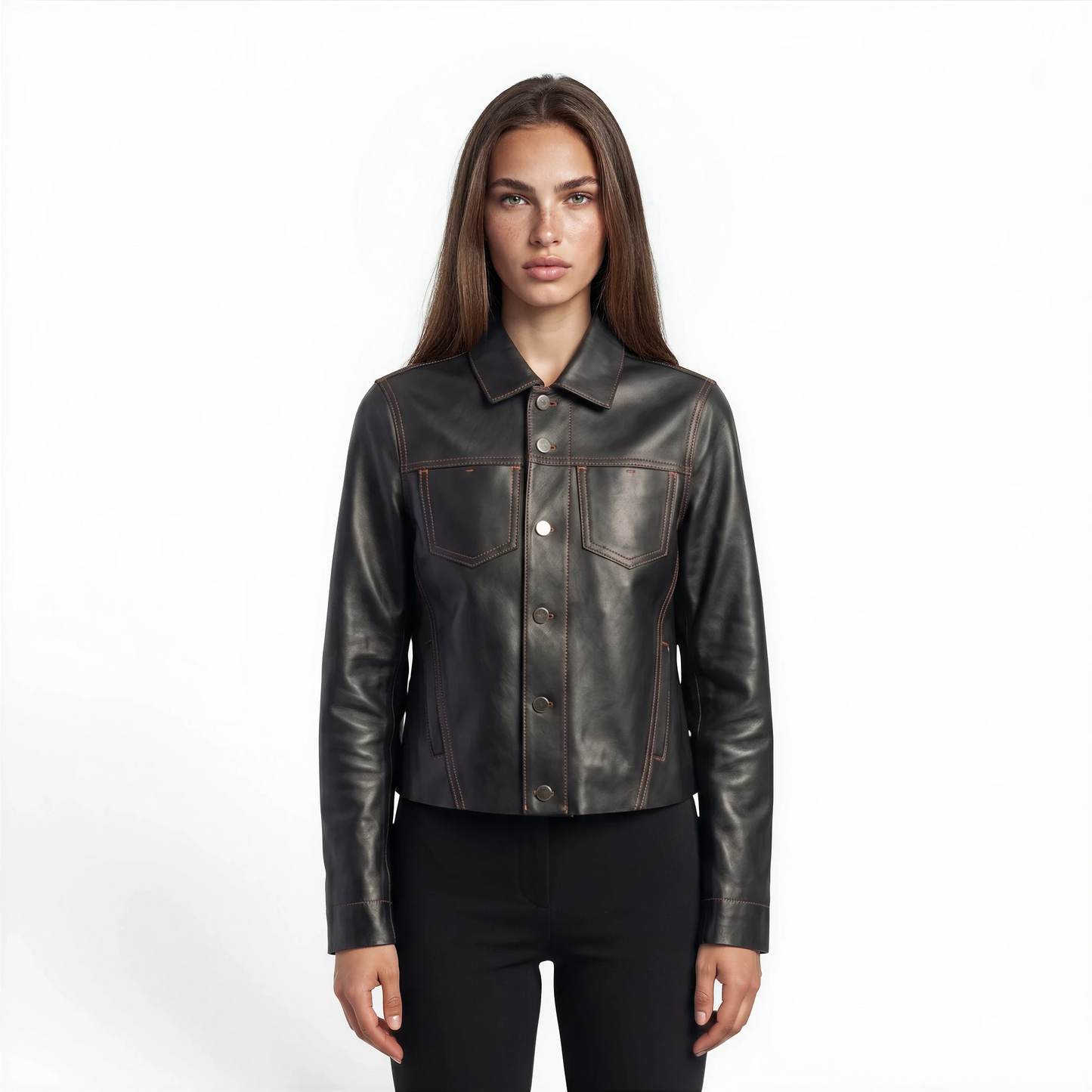 Stitched Two Pocket Lamb Leather Jean Jacket