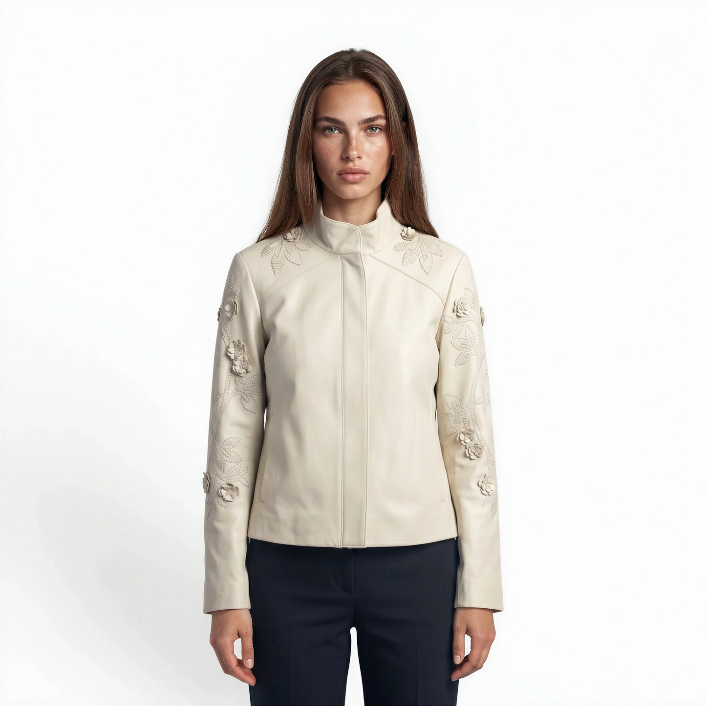 Embellished Stand Collar Bomber Lamb Leather Jacket