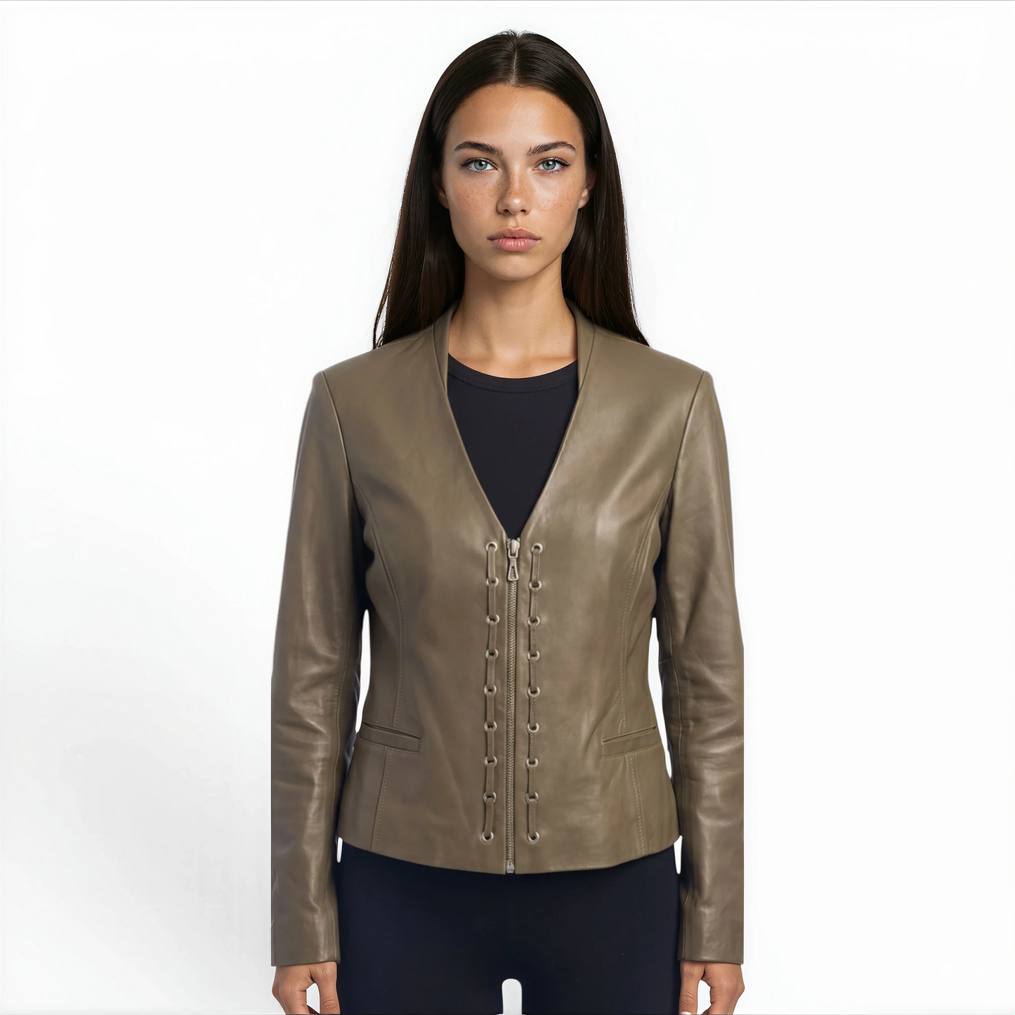 V-Neck Grommet Lamb Leather Jacket