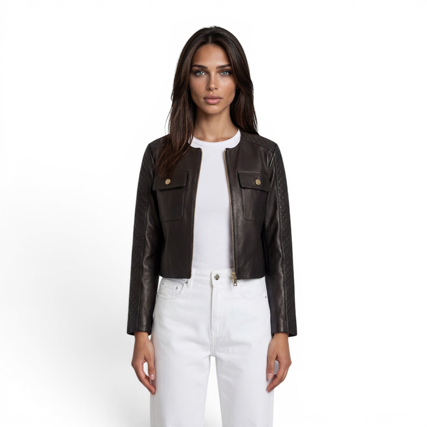 Cut & Stitched Cropped Lamb Leather Jacket