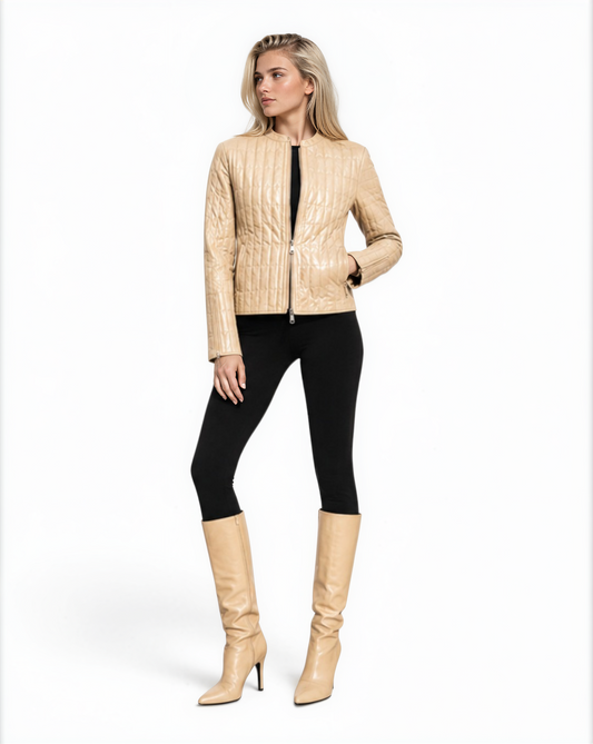 Quilted Lamb Leather Jacket in Cream