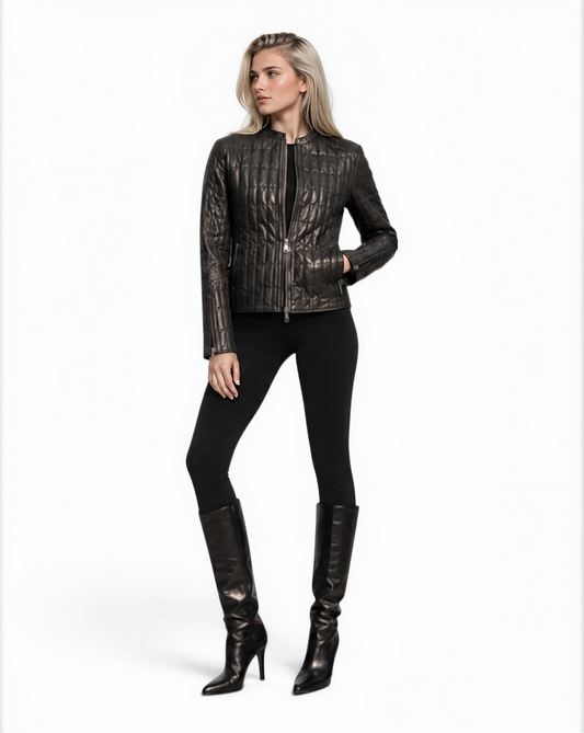 Quilted Lamb Leather Jacket in Graphic Olive