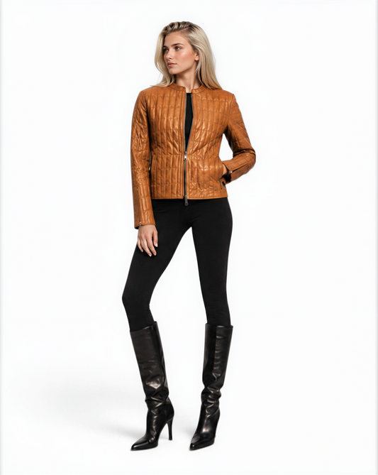 Quilted Lamb Leather Jacket in Saddle