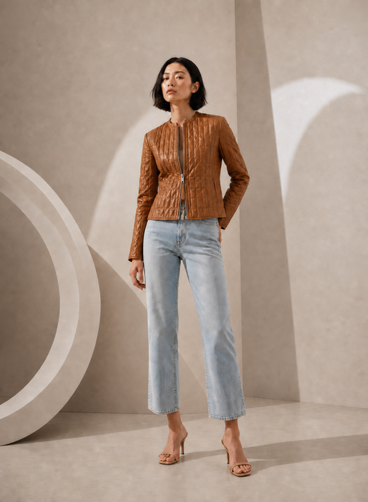 Quilted Lamb Leather Jacket in Saddle SADDLE / XS