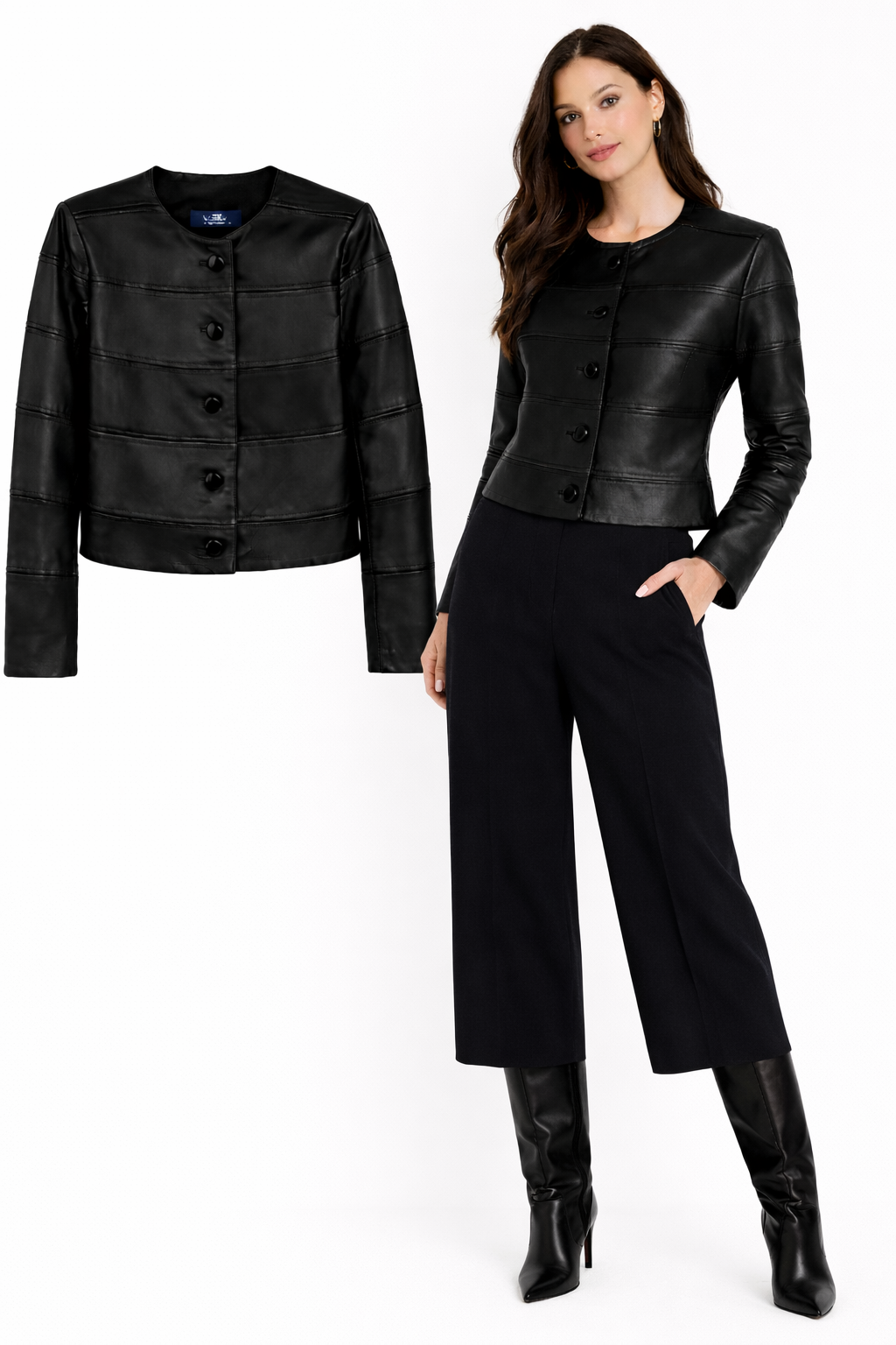 <P>1135<BR> LAMB LEATHER/SUEDE CUTWORK COMBO JACKET </P> Black
