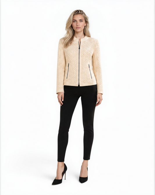 Quilted Cutwork Lamb Leather Jacket in Cream
