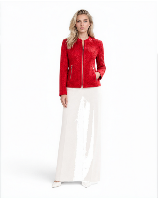 Quilted Cutwork Lamb Leather Jacket in Poppy Red