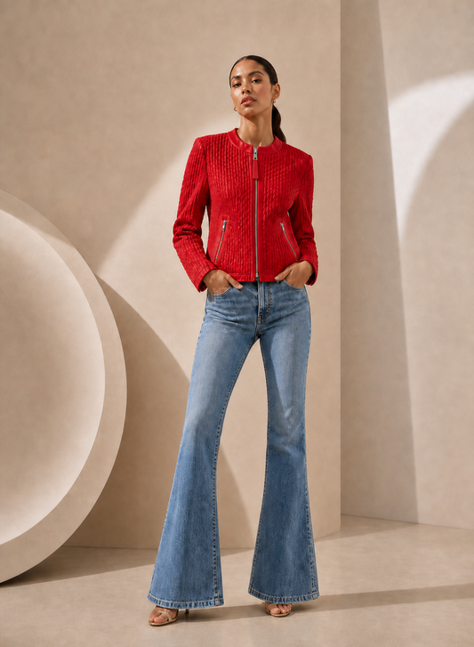 Quilted Cutwork Lamb Leather Jacket in Poppy Red POPPY RED / XS