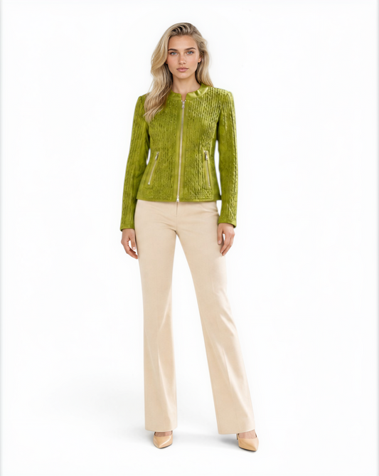 Quilted Cutwork Lamb Leather Jacket in Willow Green