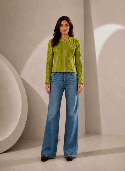 Quilted Cutwork Lamb Leather Jacket in Willow Green WILLOW GREEN / XS