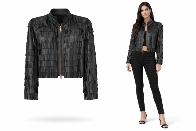 <P>1374<BR> LAMB LEATHER FRINGE JACKET </P>