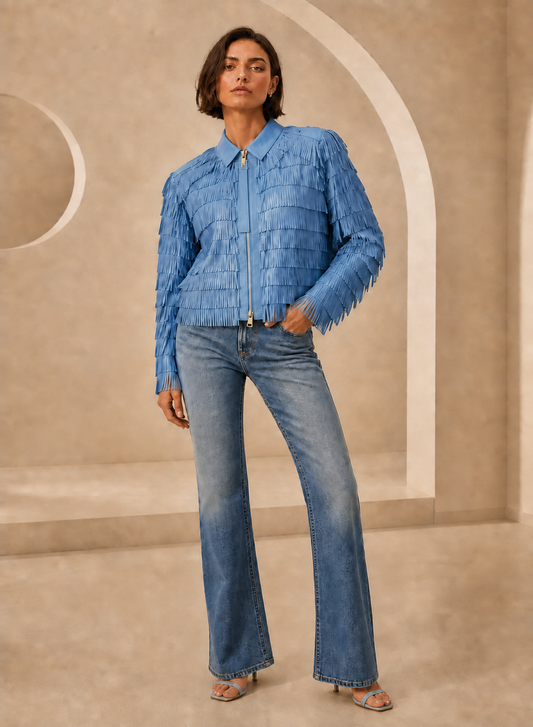 Fringe Lamb Leather Jacket in Blue Ice BLUE ICE / XS