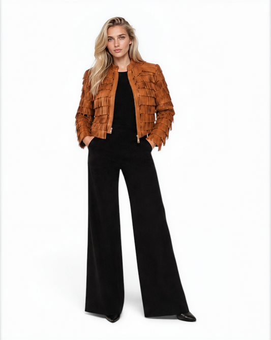 Lamb Leather Fringe Jacket Chocolate / XS