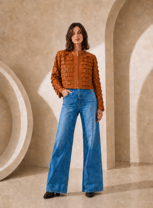 Fringe Lamb Leather Jacket in Saddle SADDLE / XS