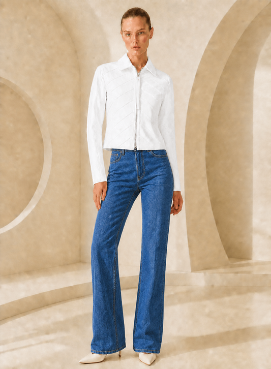 Short Cropped Jacket with Piping in Arctic White