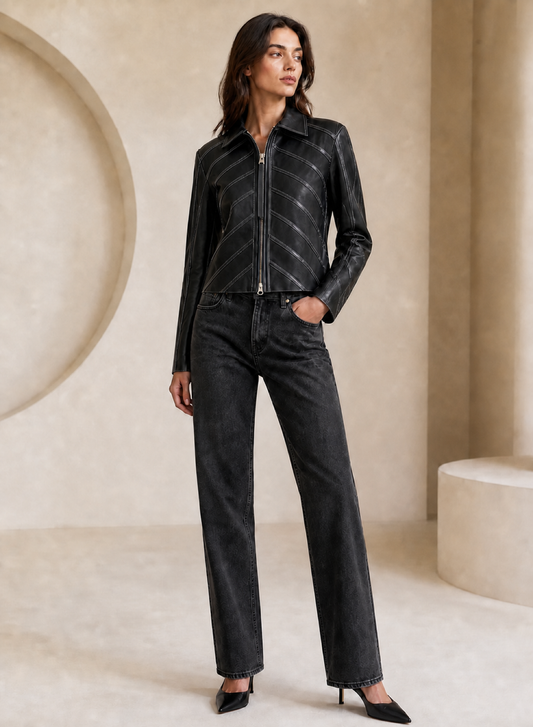 Short Cropped Jacket with Piping in Black BLACK / XS