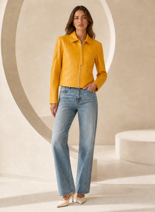 Short Cropped Jacket with Piping in Sunburst Yellow SUNBURST YELLOW / XS