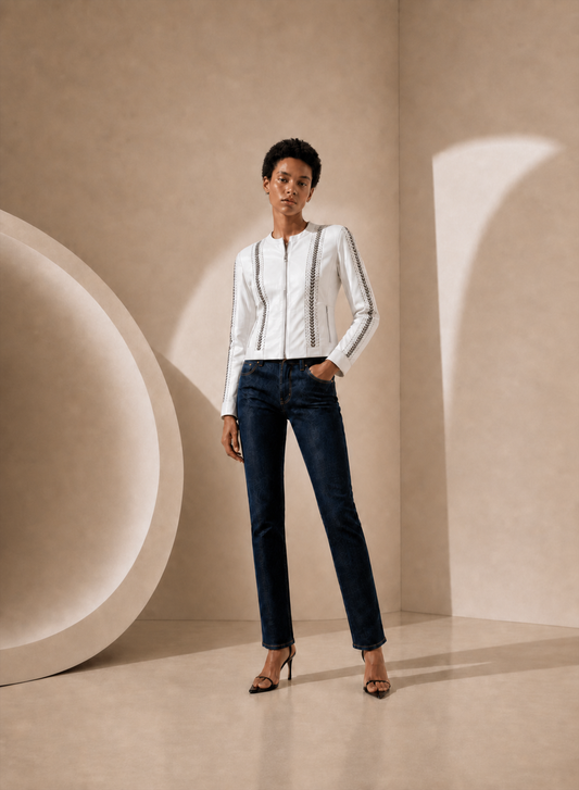 Zip Detail Collarless Lamb Leather Jacket in Arctic White ARCTIC WHITE / XS