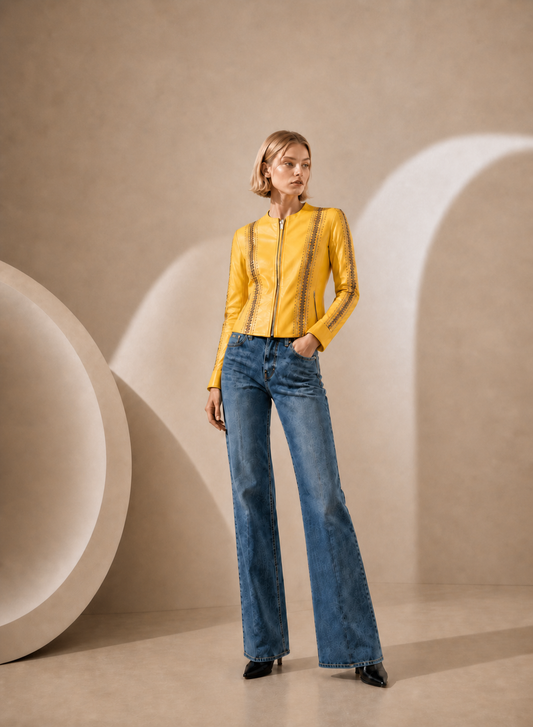 Zip Detail Collarless Lamb Leather Jacket in Sunburst Yellow SUNBURST YELLOW / XS