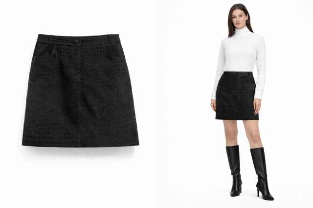 <P>1407S<BR> SUEDE TWO POCKET WOVEN SKIRT </P>