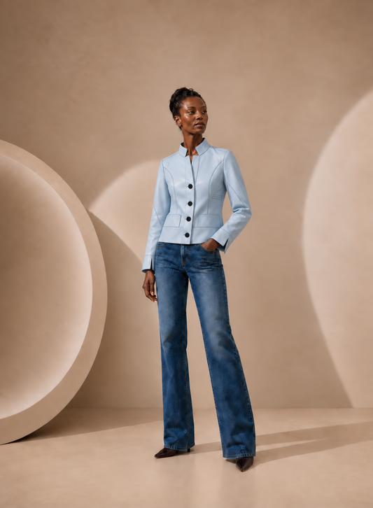 Collared Button Front Lamb Leather Jacket in Blue Ice BLUE ICE / XS