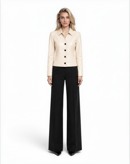 Collared Button Front Lamb Leather Jacket in Cream