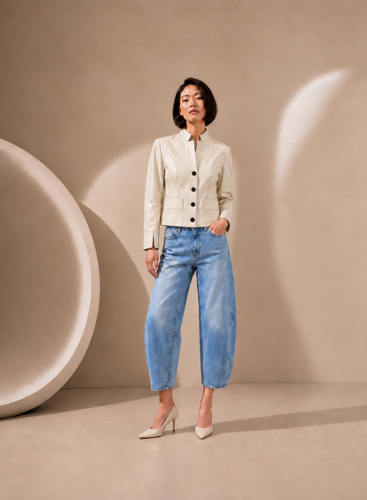 Collared Button Front Lamb Leather Jacket in Cream CREAM / XS