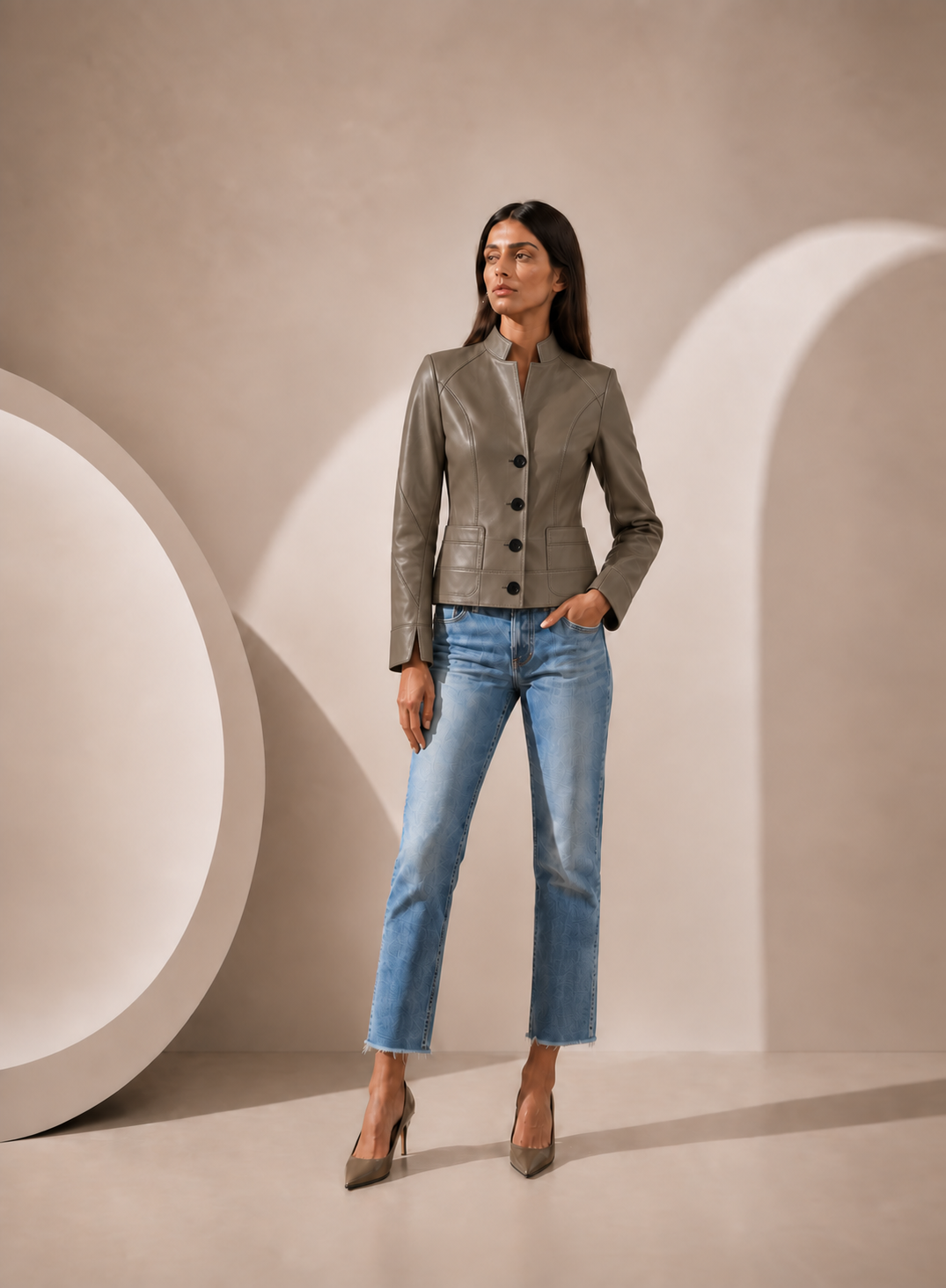 Collared Button Front Lamb Leather Jacket in Graphite Olive GRAPHITE OLIVE / XS