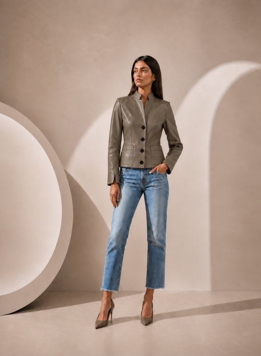 Collared Button Front Lamb Leather Jacket in Graphite Olive GRAPHITE OLIVE / XS