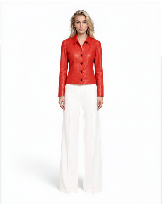Collared Button Front Lamb Leather Jacket in Poppy Red