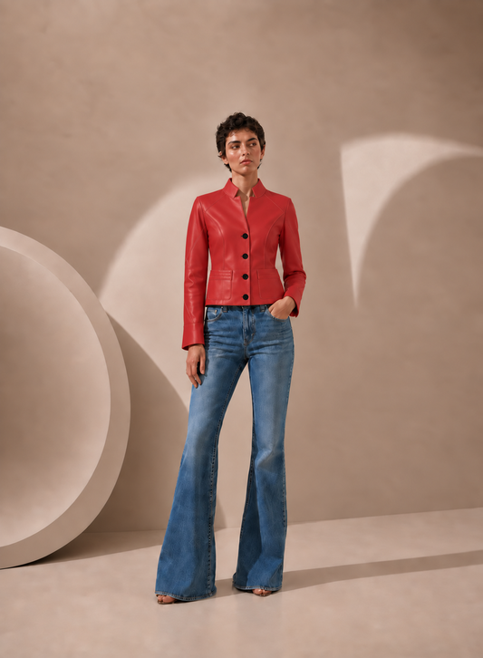 Collared Button Front Lamb Leather Jacket in Poppy Red POPPY RED / XS