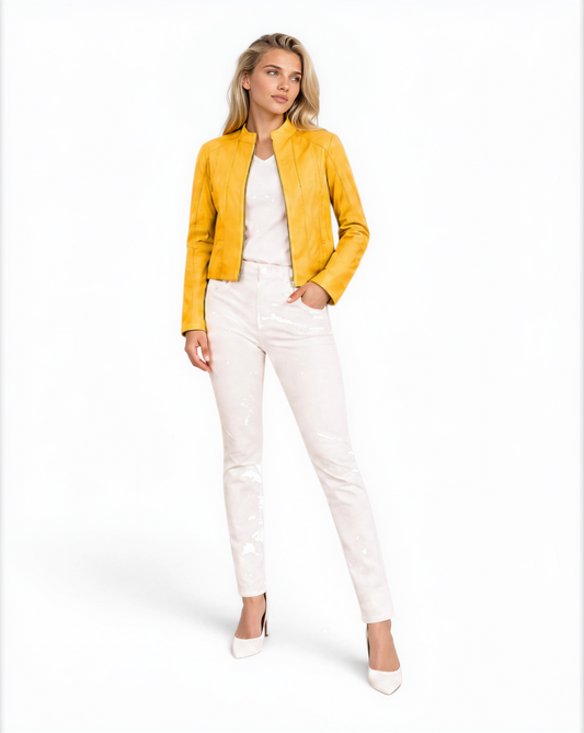 Snap Collar Lamb Leather Moto Jacket in Sunburst Yellow