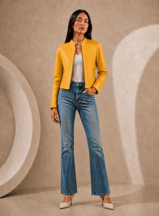Snap Collar Lamb Leather Moto Jacket in Sunburst Yellow SUNBURST YELLOW / XS
