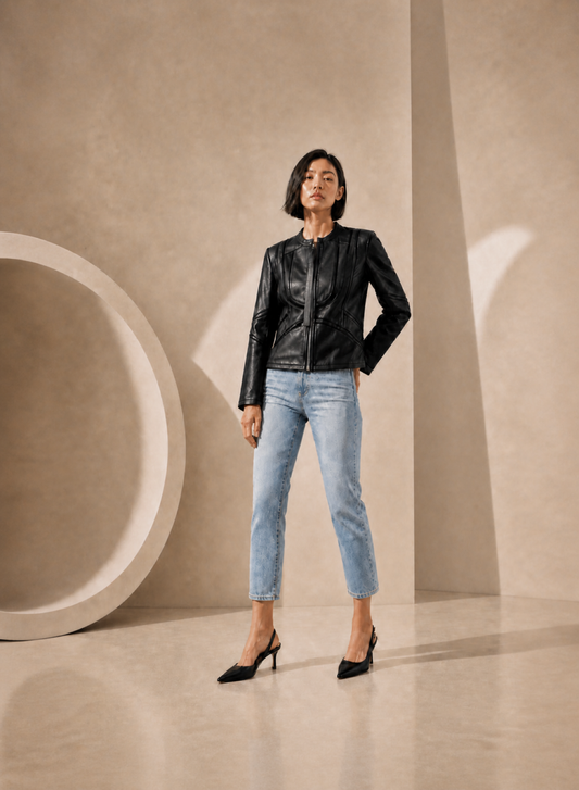 Seamed Collarless Lamb Leather Jacket in Black Black BLACK BLACK / XS