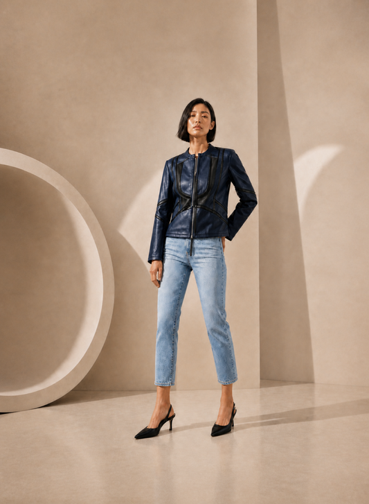 Seamed Collarless Lamb Leather Jacket in Navy Black NAVY BLACK / XS