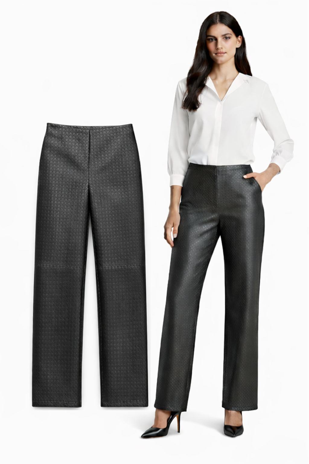 <P>1508L<BR> LAMB LEATHER NO WAIST WOVEN PANT </P>