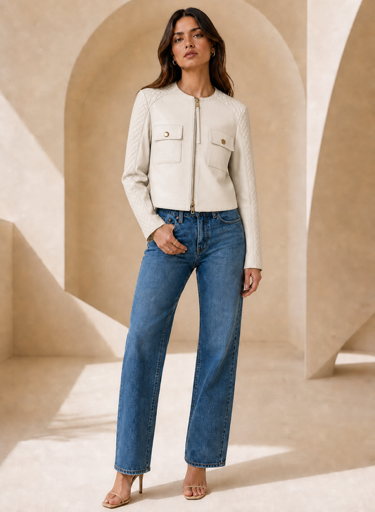 Patch Pocket Lamb Leather Jacket in Cream