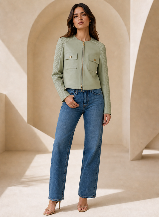 Patch Pocket Lamb Leather Jacket in Willow Green WILLOW GREEN / XS