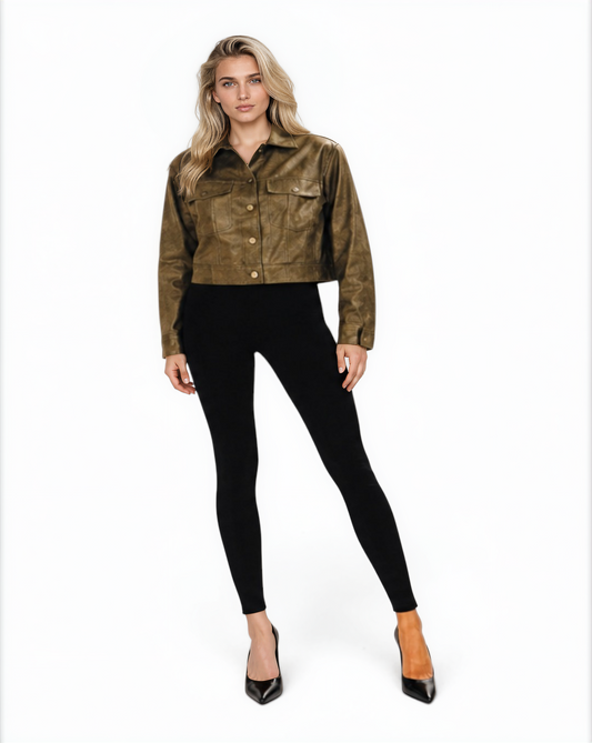 Cropped Trucker Lamb Leather Jacket in Graphic Olive