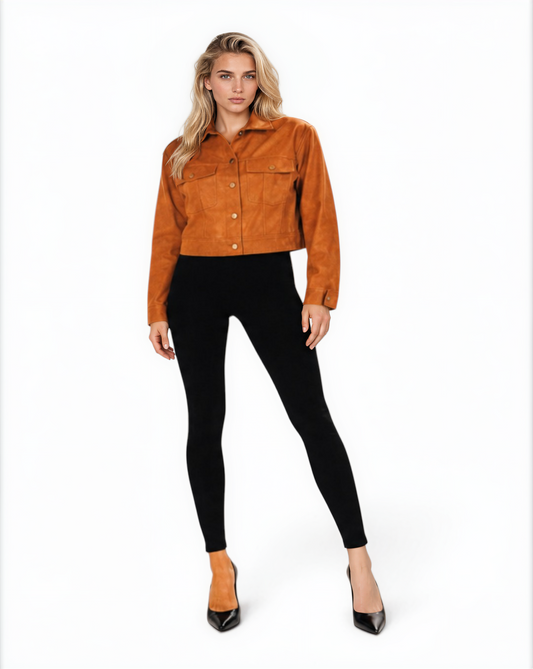 Cropped Trucker Lamb Leather Jacket in Saddle