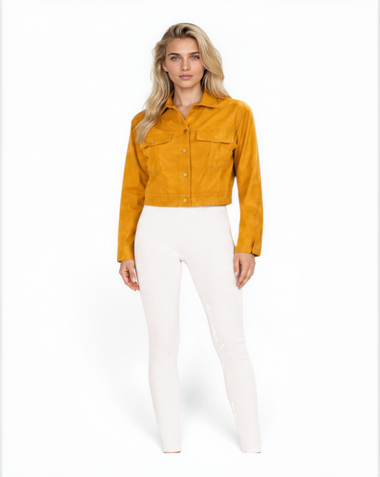 Cropped Trucker Lamb Leather Jacket in Sunburst Yellow