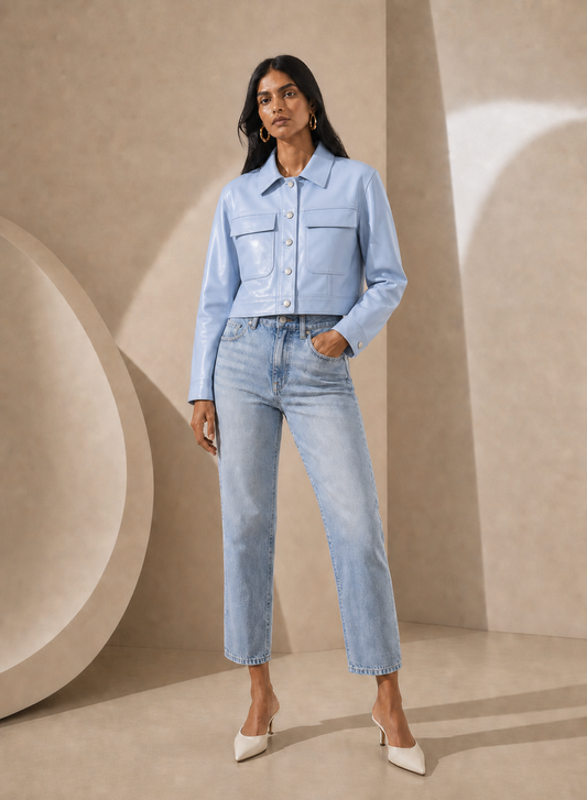 Cropped Trucker Lamb Leather Jacket in Blue Ice BLUE ICE / XS