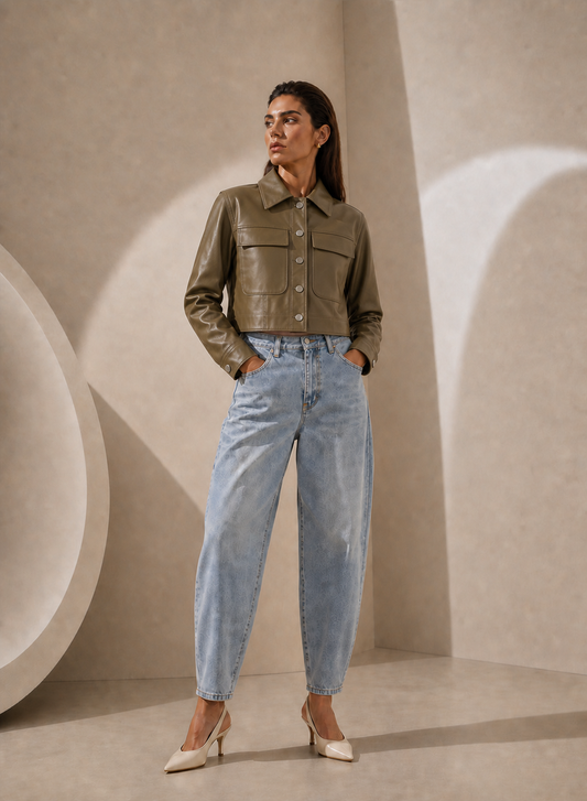 Cropped Trucker Lamb Leather Jacket in Graphite Olive
